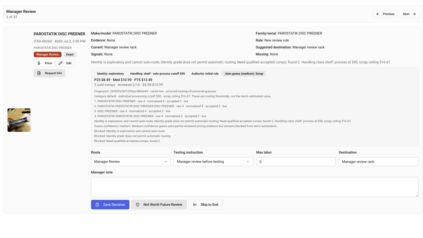 Production Manager Review screen with identity grade, price evidence, handling threshold, blockers, and route controls