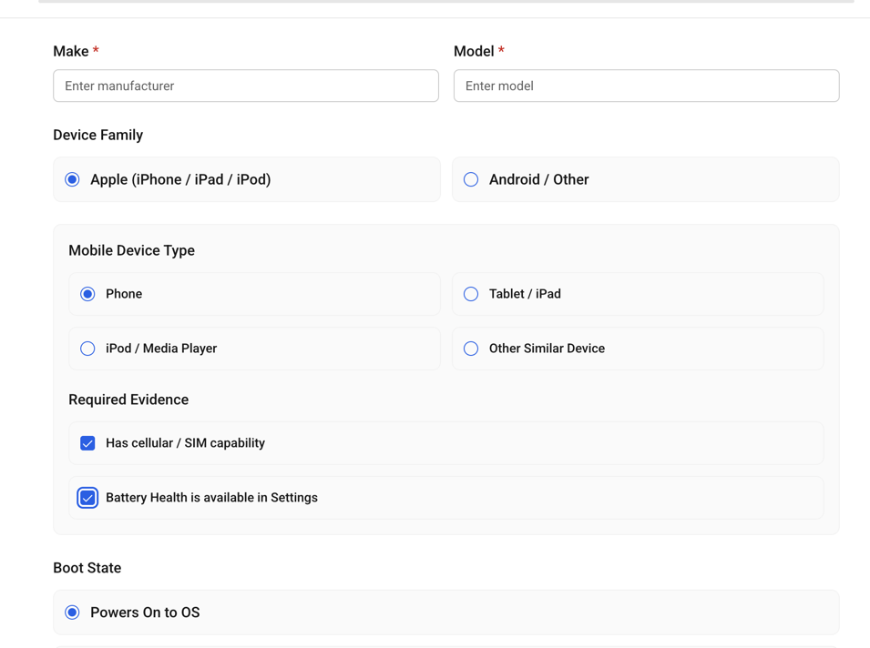 Real Mobile Device Inventory controls for device family, type, cellular capability, battery health, and boot state
