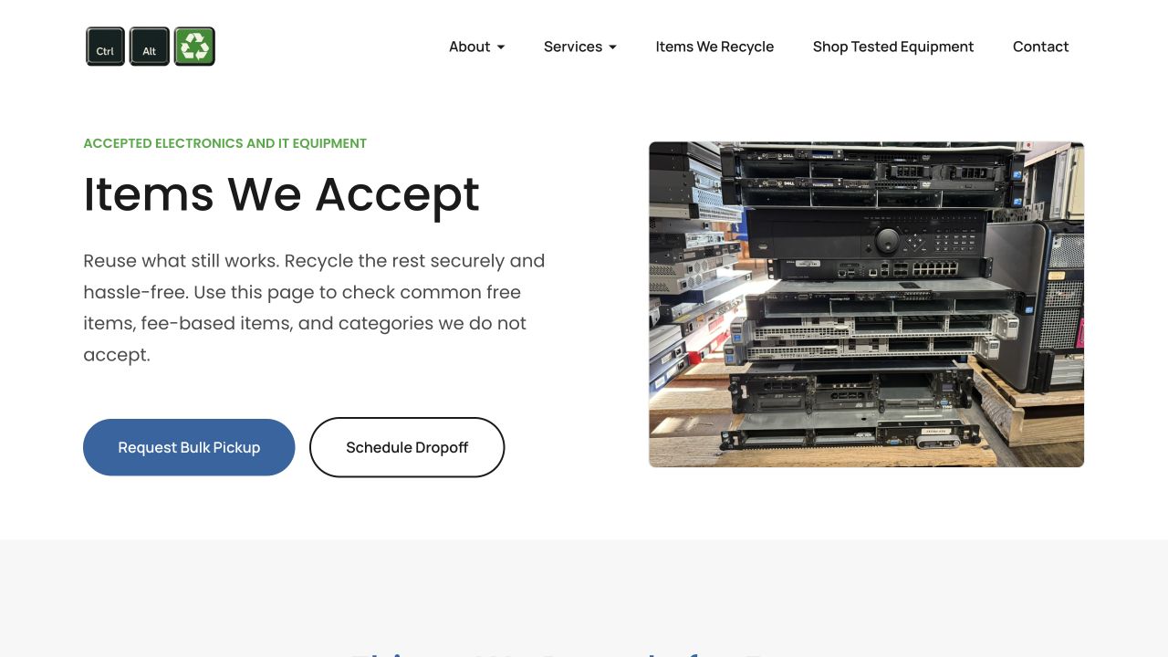 Control Alt Recycle Items We Accept page with separate pickup and drop-off actions
