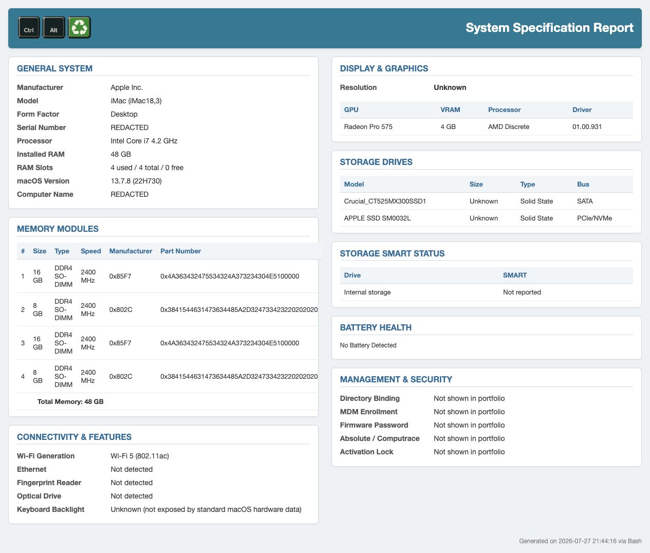 Real populated iMac system specification report with identifiers removed